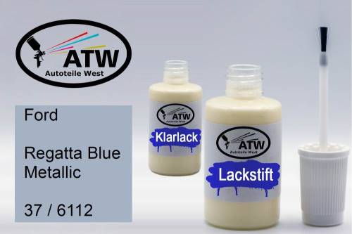 Ford, Regatta Blue Metallic, 37 / 6112: 20ml Lackstift + 20ml Klarlack - Set, von ATW Autoteile West.